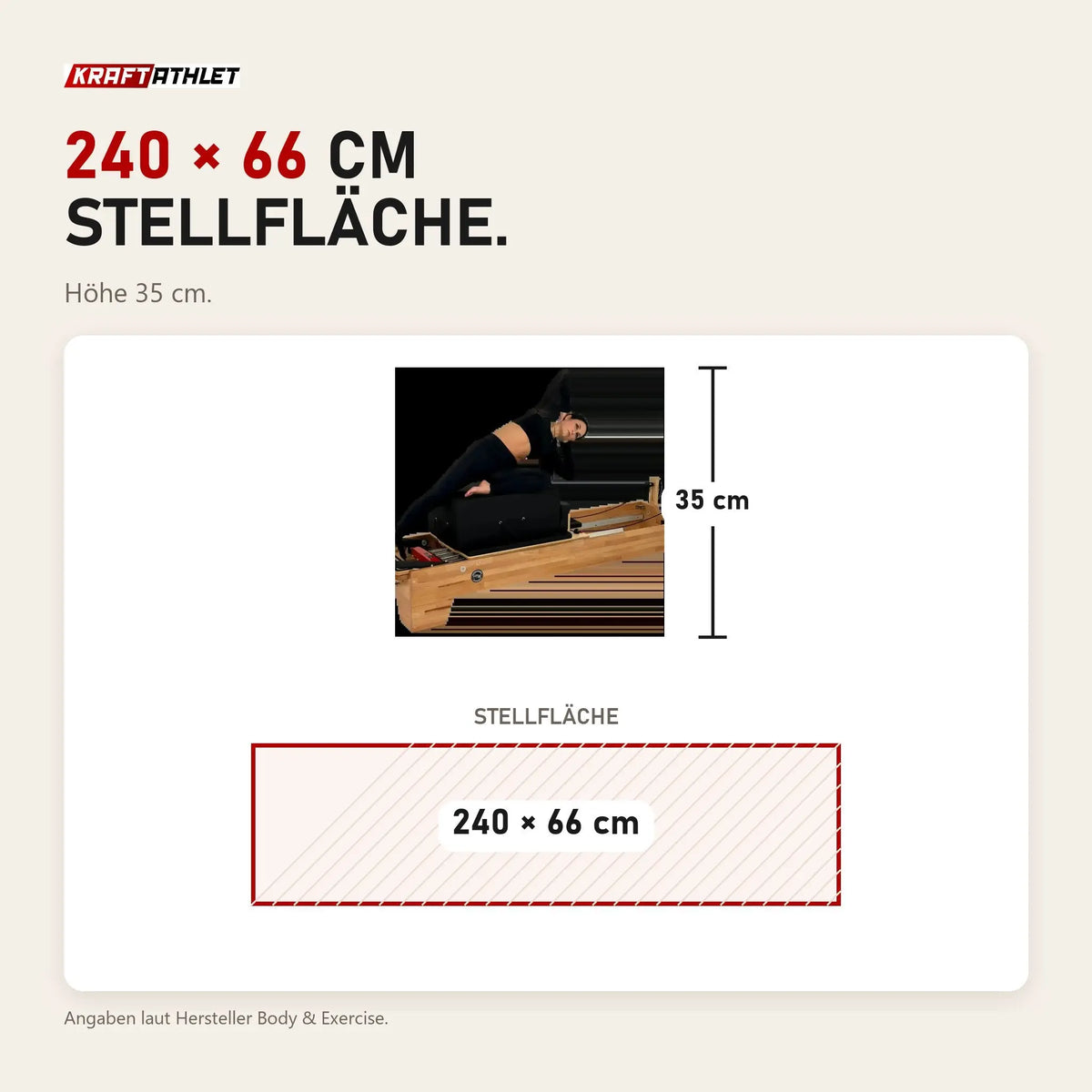 Maßbild Body & Exercise Reformer Studio P001 aus Buchenholz: Stellfläche 240 × 66 cm, Höhe 35 cm