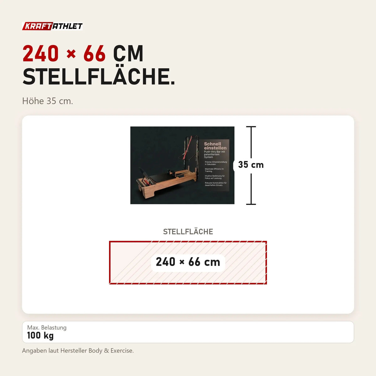 Maßbild Body & Exercise Reformer Studio Tower P002: Stellfläche 240 × 66 cm, Höhe 35 cm