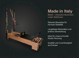 Body & Exercise Reformer Studio Tower P002 aus Holz, Seitenansicht mit Hinweisen zu Material und Fertigung in Italien