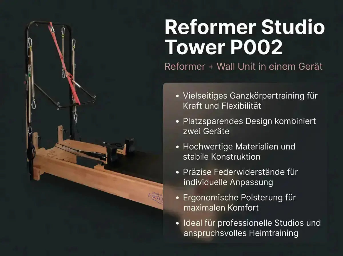 Body & Exercise Reformer Studio Tower P002 aus Holz, Seitenansicht mit Übersicht der wichtigsten Merkmale