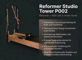 Body & Exercise Reformer Studio Tower P002 aus Holz, Seitenansicht mit Übersicht der wichtigsten Merkmale
