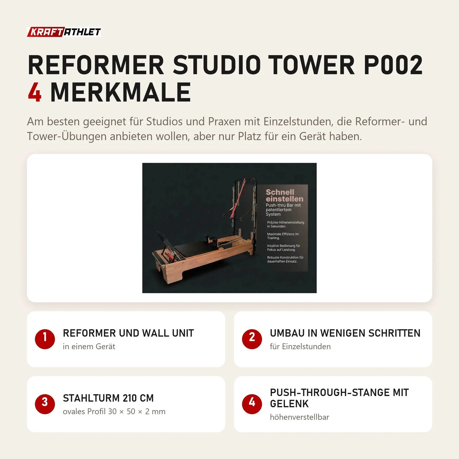 Body & Exercise Reformer Studio Tower P002 mit 4 Merkmalen: Reformer und Wall Unit, Umbau in wenigen Schritten, Stahlturm 210 cm, Push-through-Stange mit Gelenk