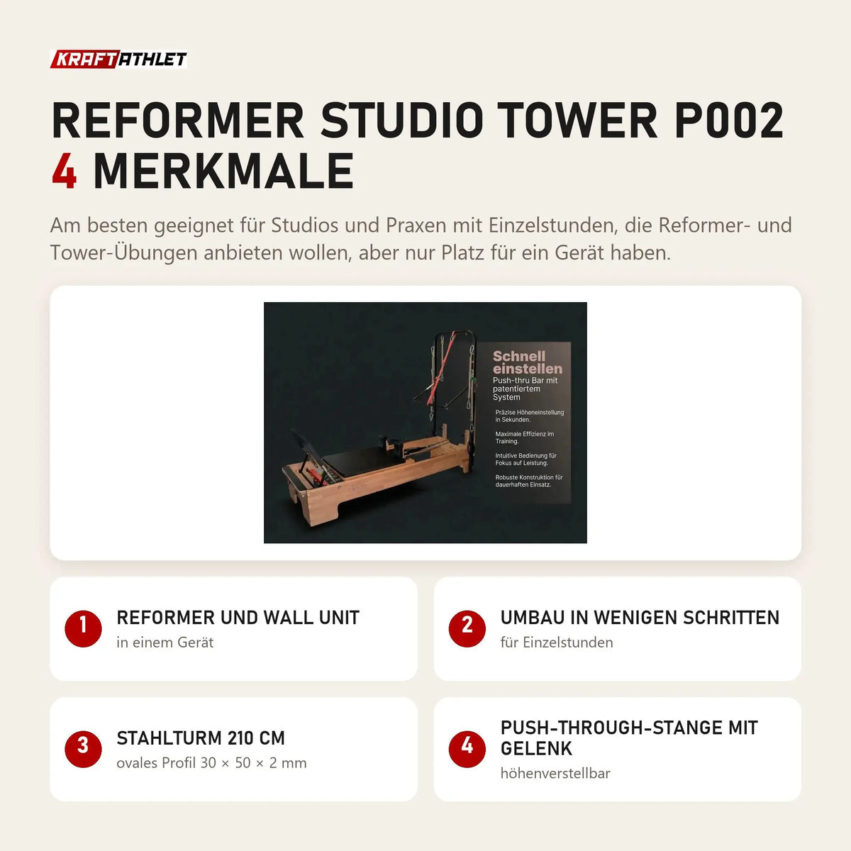 Body & Exercise Reformer Studio Tower P002 mit 4 Merkmalen: Reformer und Wall Unit, Umbau in wenigen Schritten, Stahlturm 210 cm, Push-through-Stange mit Gelenk