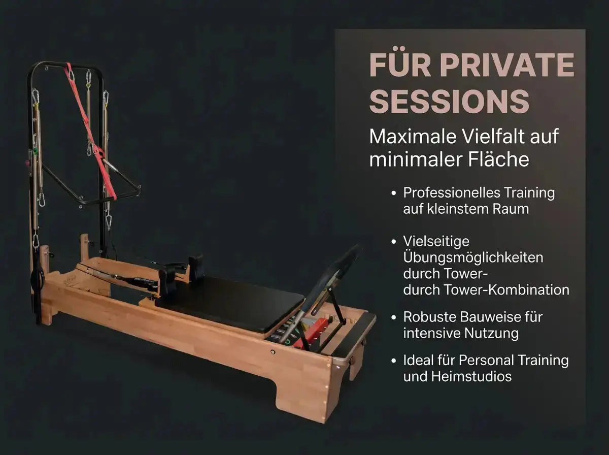 Body & Exercise Reformer Studio Tower P002 aus Holz, Seitenansicht mit Infotext zu privaten Sessions auf kleiner Fläche