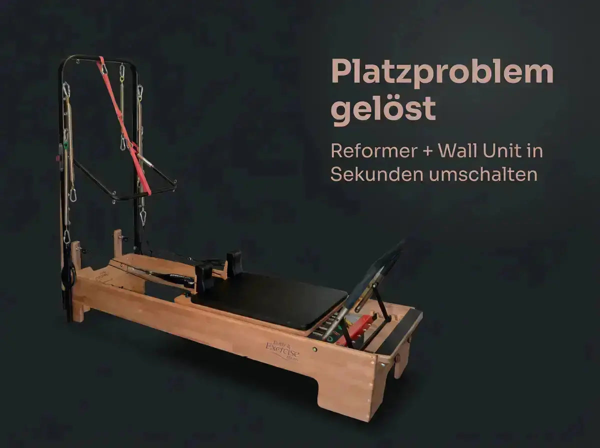 Body & Exercise Reformer Studio Tower P002 aus Holz, Seitenansicht mit Hinweis auf Umschalten zwischen Reformer und Wall Unit