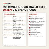 Technische Daten und Lieferumfang von Body & Exercise Reformer Studio Tower P002 als Tabelle