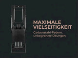 Body & Exercise Reformer Tower Black Edition, Grafik zu Carbonstahl-Federn und Übungsvielfalt