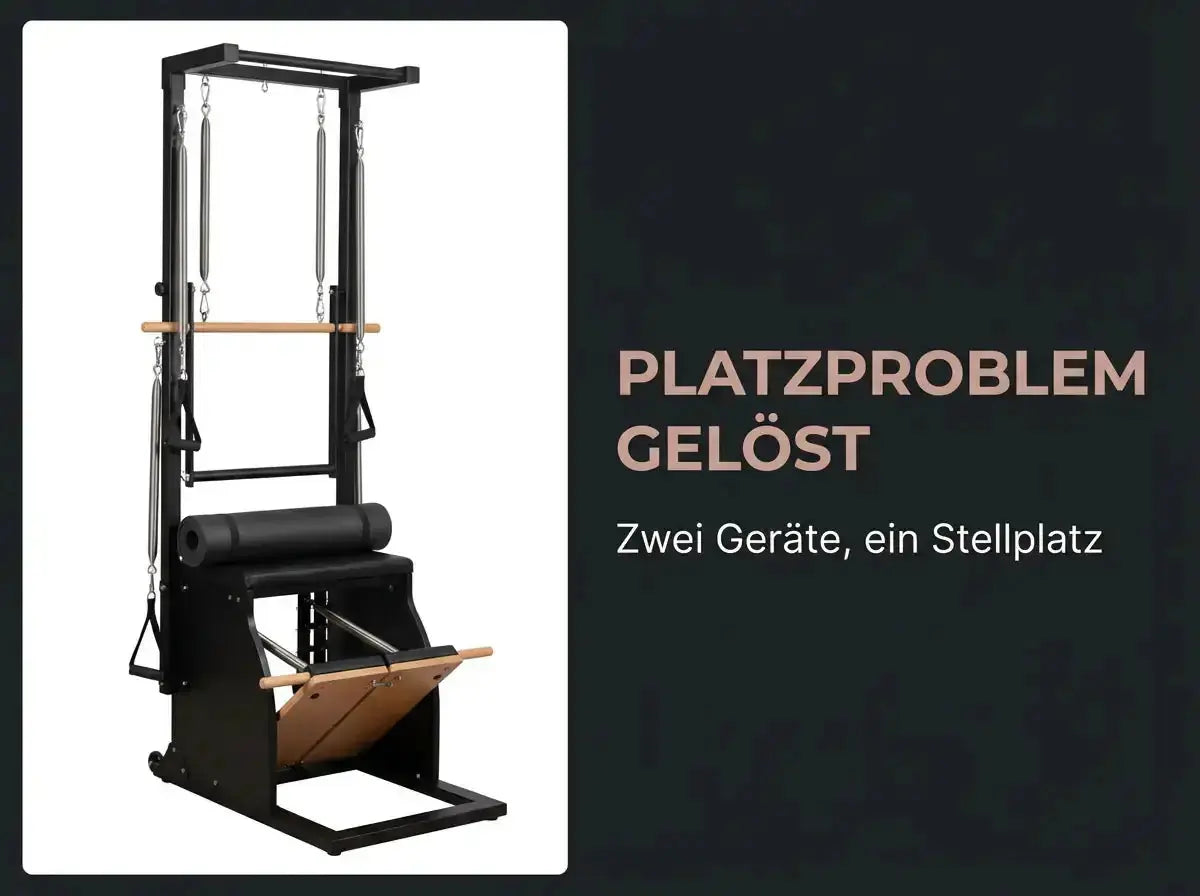 Body & Exercise Reformer Tower Black Edition, Grafik Platzproblem gelöst, zwei Geräte auf einem Stellplatz