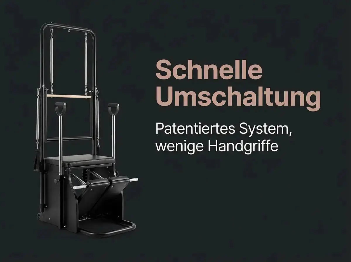 Body & Exercise Reformer Tower Black Edition, Grafik zur schnellen Umschaltung zwischen den Modi
