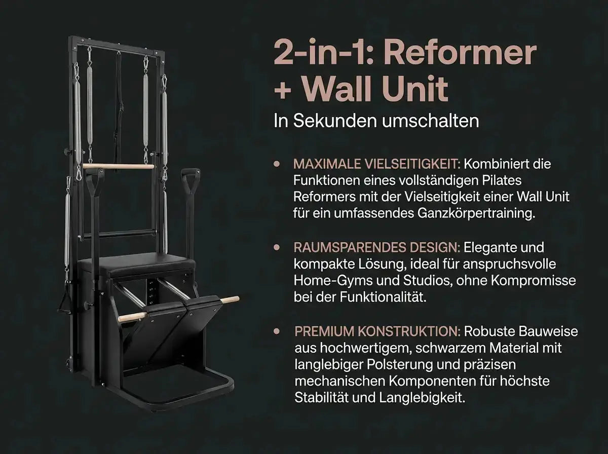 Body & Exercise Reformer Tower Black Edition, Grafik mit Wall Unit und Übersicht der Vorteile
