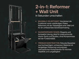 Body & Exercise Reformer Tower Black Edition, Grafik mit Wall Unit und Übersicht der Vorteile