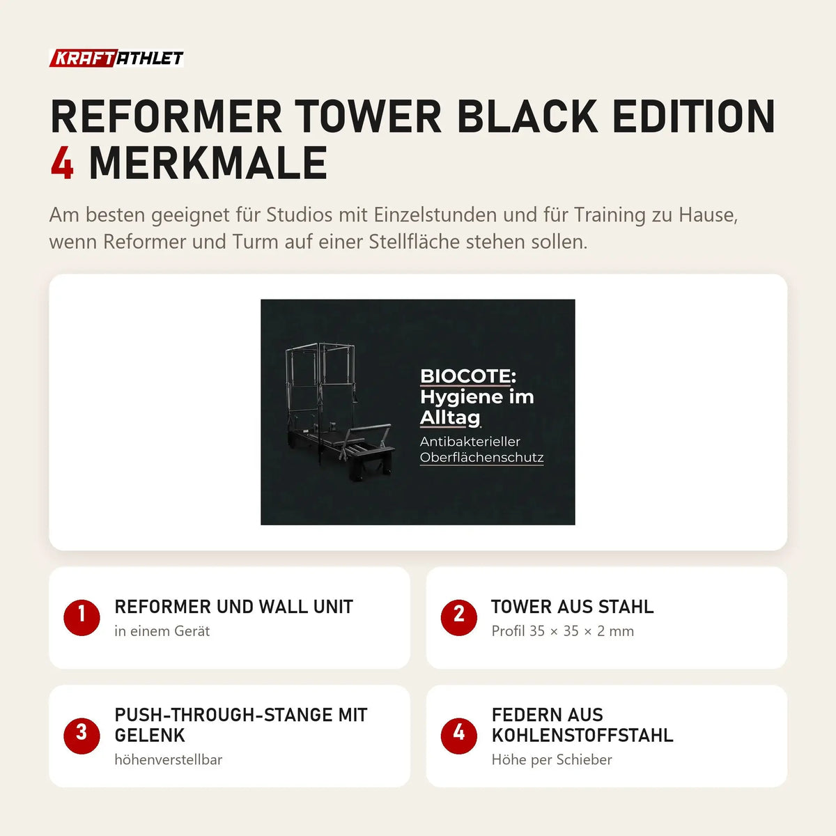 Body & Exercise Reformer Tower Black Edition mit 4 Merkmalen: Reformer und Wall Unit, Tower aus Stahl, Push-through-Stange mit Gelenk, Federn aus Kohlenstoffstahl