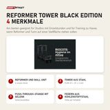 Body & Exercise Reformer Tower Black Edition mit 4 Merkmalen: Reformer und Wall Unit, Tower aus Stahl, Push-through-Stange mit Gelenk, Federn aus Kohlenstoffstahl