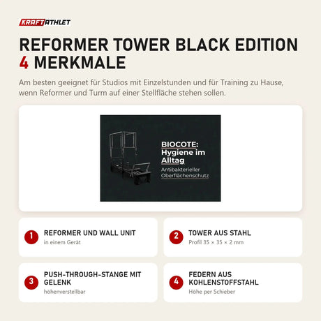 Body & Exercise Reformer Tower Black Edition mit 4 Merkmalen: Reformer und Wall Unit, Tower aus Stahl, Push-through-Stange mit Gelenk, Federn aus Kohlenstoffstahl