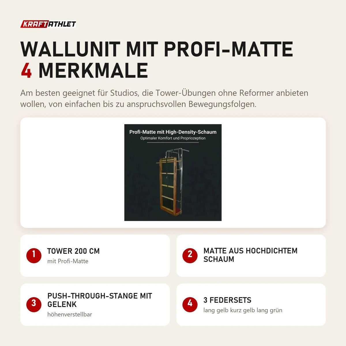 Body & Exercise Wallunit mit Profi-Matte mit 4 Merkmalen: Tower 200 cm, Matte aus hochdichtem Schaum, Push-through-Stange mit Gelenk, 3 Federsets