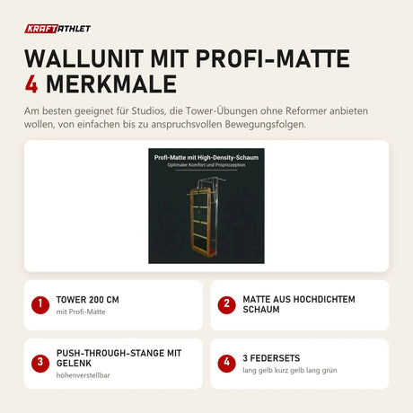 Body & Exercise Wallunit mit Profi-Matte mit 4 Merkmalen: Tower 200 cm, Matte aus hochdichtem Schaum, Push-through-Stange mit Gelenk, 3 Federsets
