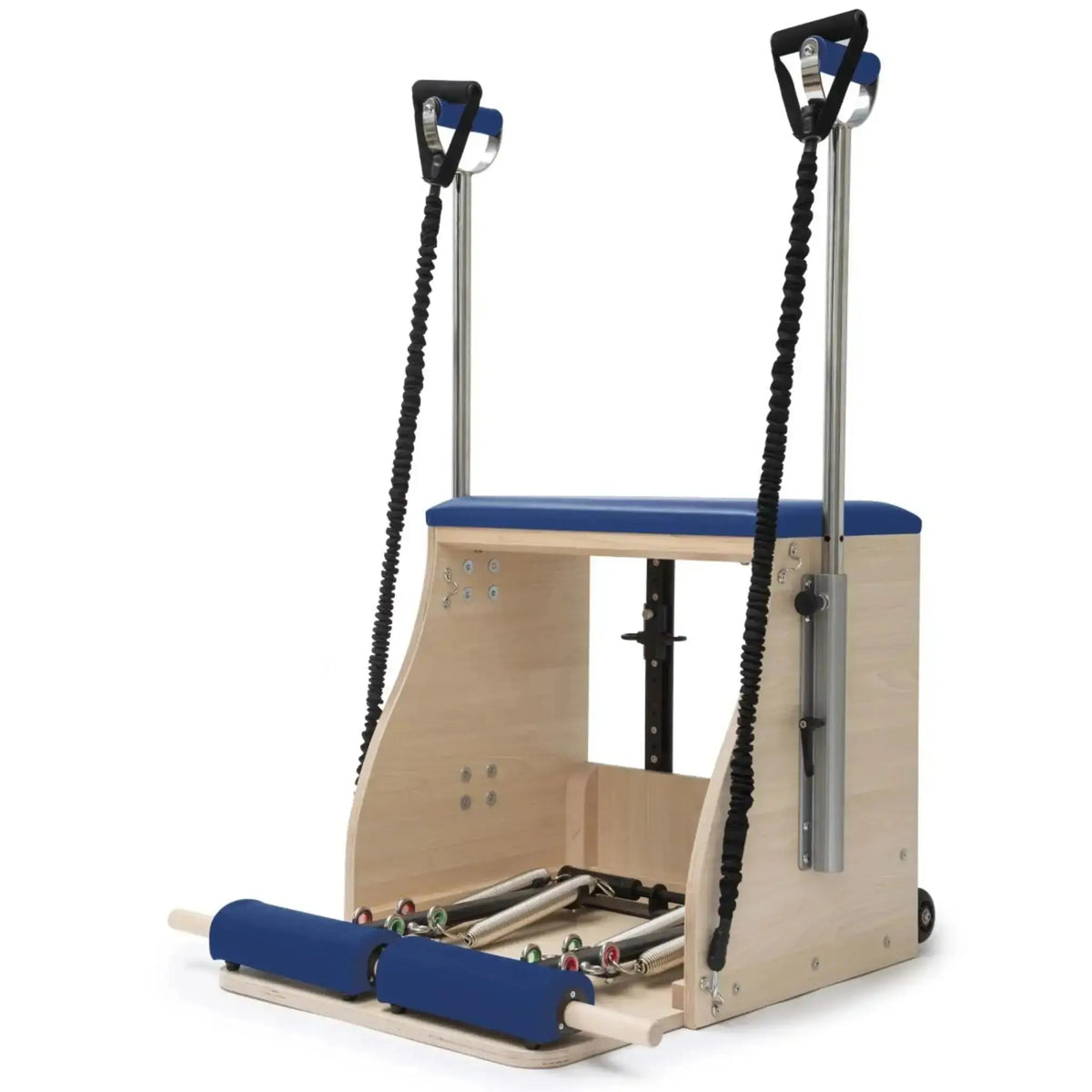 Elina Pilates Combo Chair Elite mit Polster in Blau, Schrägansicht mit Gummizug-Griffen