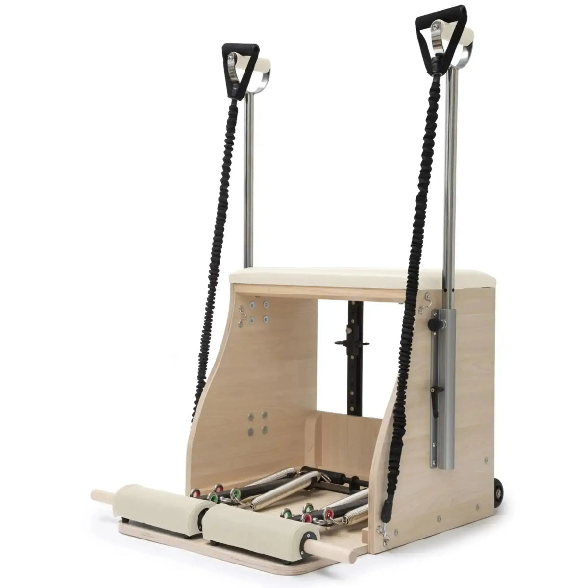 Elina Pilates Combo Chair Elite mit Polster in Elfenbein, Schrägansicht mit Gummizug-Griffen