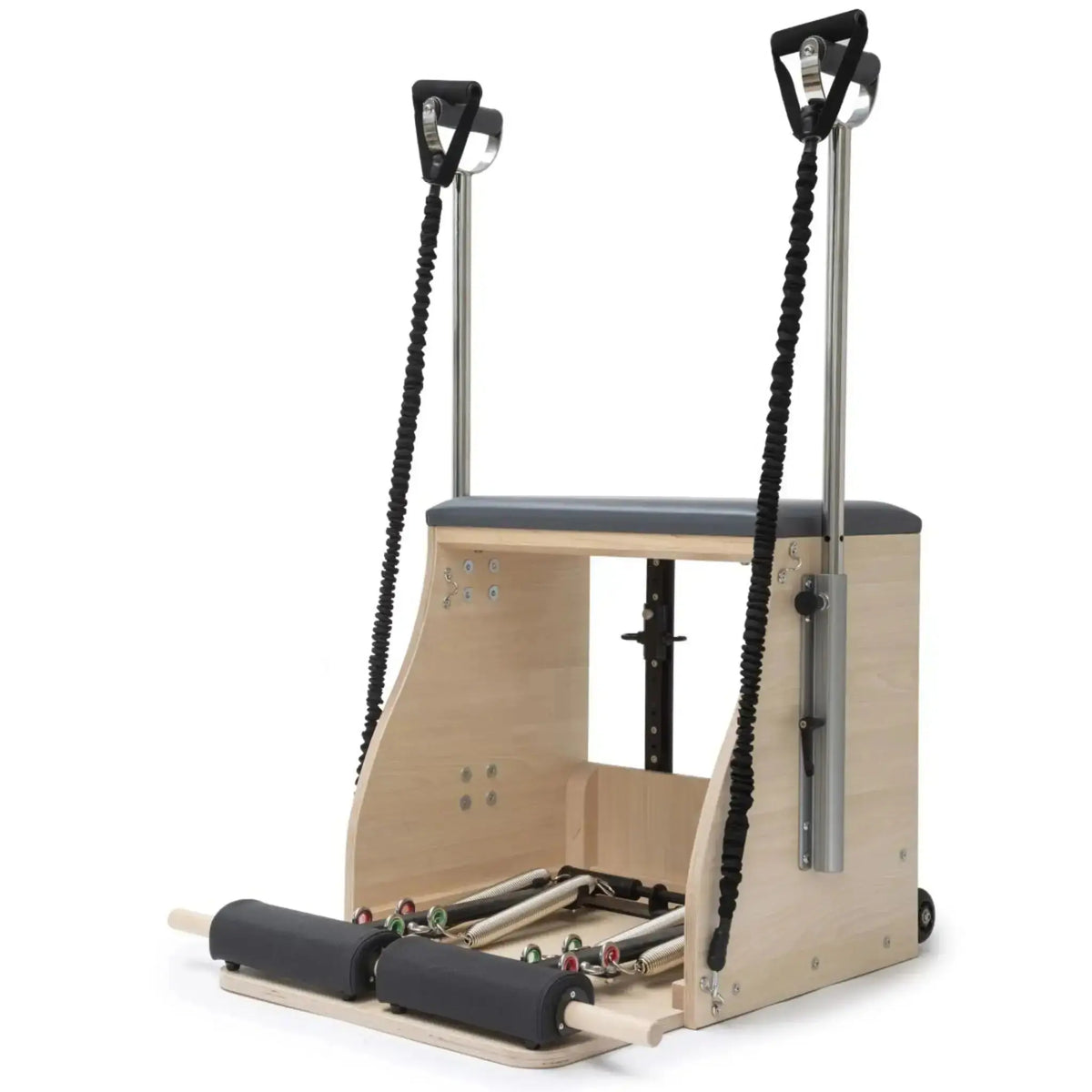 Elina Pilates Combo Chair Elite mit Polster in Grau, Schrägansicht mit Gummizug-Griffen