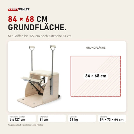 Maßbild Elina Pilates Combo Chair Elite: Grundfläche 84 × 68 cm, Höhe mit Griffen bis 127 cm, 39 kg