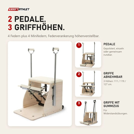 Elina Pilates Combo Chair Elite in Elfenbein mit Details zu Pedalen, abnehmbaren Griffen und Griffen mit Gummizug