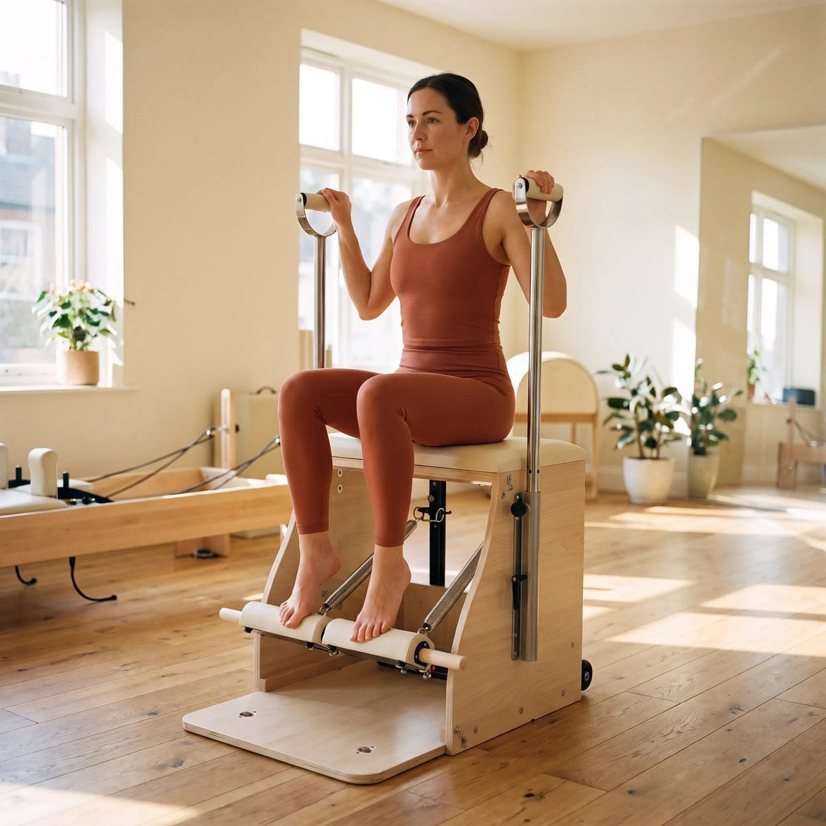 Frau sitzt auf dem Elina Pilates Combo Chair Elite, hält die Griffe und drückt die Pedale