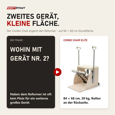 Gegenüberstellung: Platzfrage im Studio und Elina Pilates Combo Chair Elite mit 84 × 68 cm Grundfläche