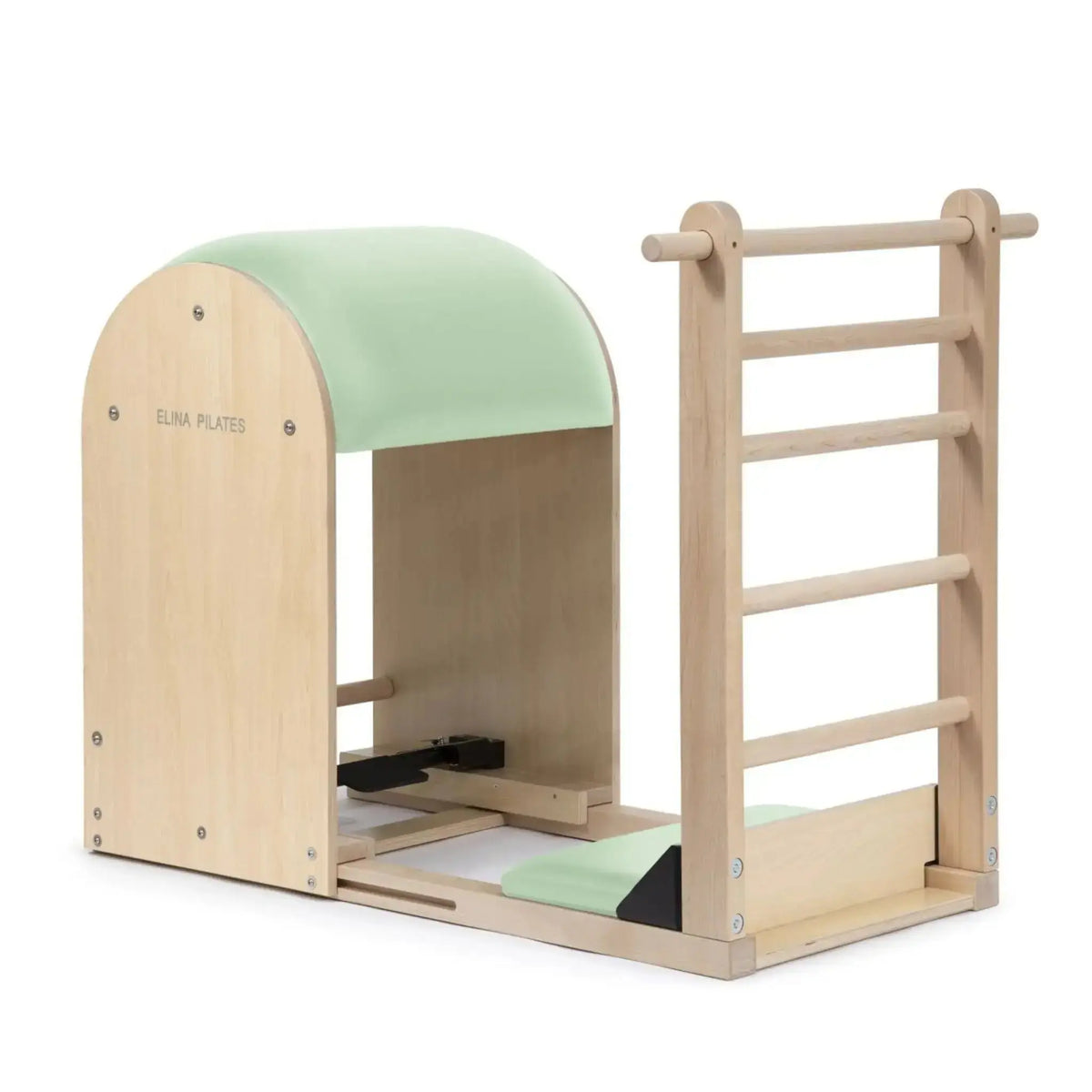 Elina Pilates Elite Ladder Barrel mit Polster in Grün, Schrägansicht mit Leiter