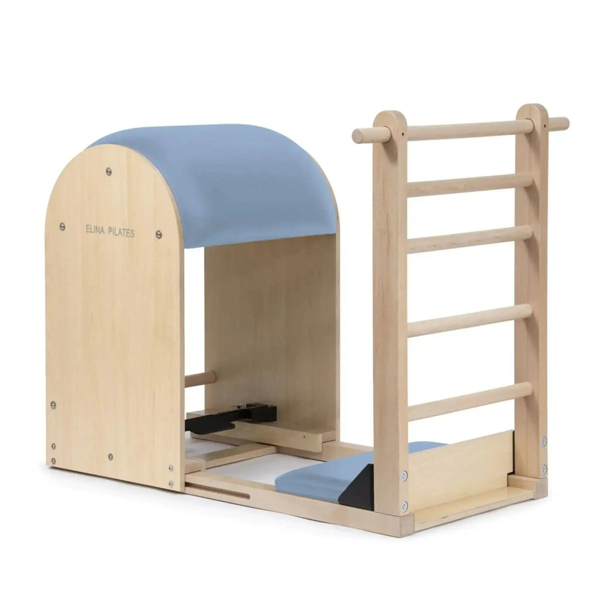 Elina Pilates Elite Ladder Barrel mit Polster in Meerblau, Schrägansicht mit Leiter