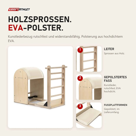 Elina Pilates Elite Ladder Barrel in Elfenbein mit Details zu Holzsprossen, Fass und Fußplattform