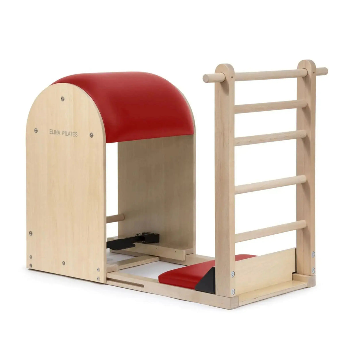 Elina Pilates Elite Ladder Barrel mit Polster in Rot, Schrägansicht mit Leiter