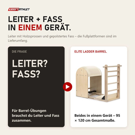 Gegenüberstellung: Leiter und Fass als Frage und das Elina Pilates Elite Ladder Barrel mit 95 × 120 cm