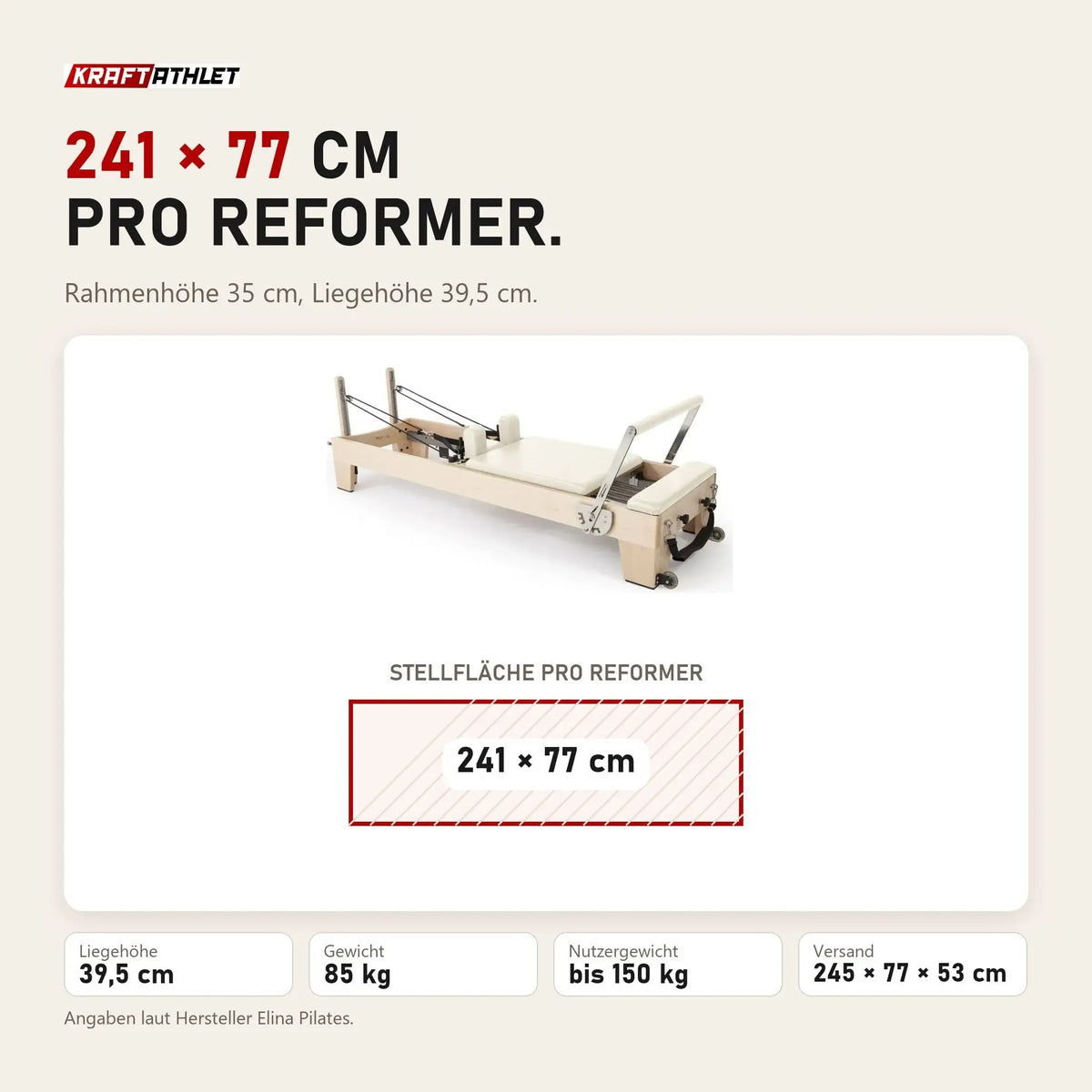 Maßbild Elina Pilates Elite Reformer: Stellfläche 241 × 77 cm, Liegehöhe 39,5 cm, 85 kg