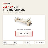 Maßbild Elina Pilates Elite Reformer: Stellfläche 241 × 77 cm, Liegehöhe 39,5 cm, 85 kg