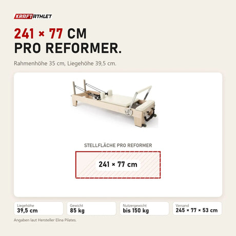 Maßbild Elina Pilates Elite Reformer: Stellfläche 241 × 77 cm, Liegehöhe 39,5 cm, 85 kg