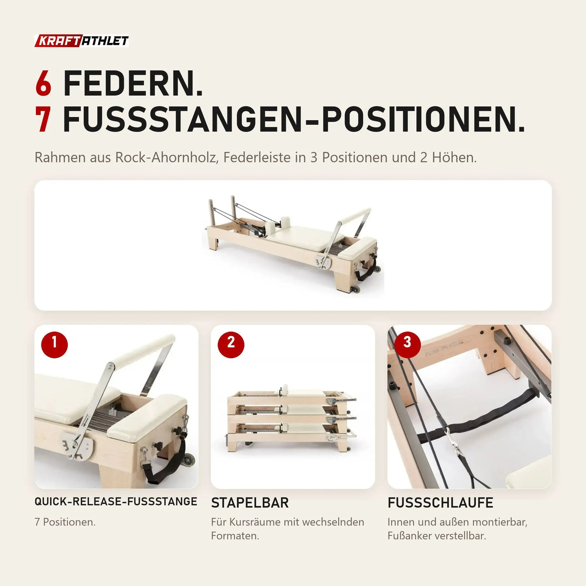 Elina Pilates Elite Reformer in Elfenbein mit Details zu Fußstange, Stapelbarkeit und Fußschlaufe