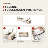 Elina Pilates Elite Reformer in Elfenbein mit Details zu Fußstange, Stapelbarkeit und Fußschlaufe