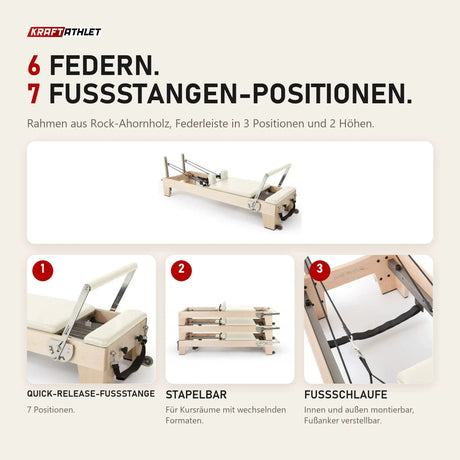Elina Pilates Elite Reformer in Elfenbein mit Details zu Fußstange, Stapelbarkeit und Fußschlaufe