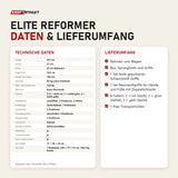 Technische Daten und Lieferumfang des Elina Pilates Elite Reformers als Tabelle
