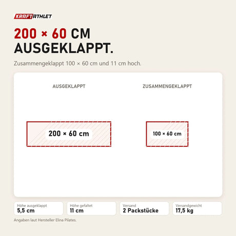 Maßbild Elina Pilates Faltmatte: ausgeklappt 200 × 60 cm, zusammengeklappt 100 × 60 cm, 5,5 cm Polster