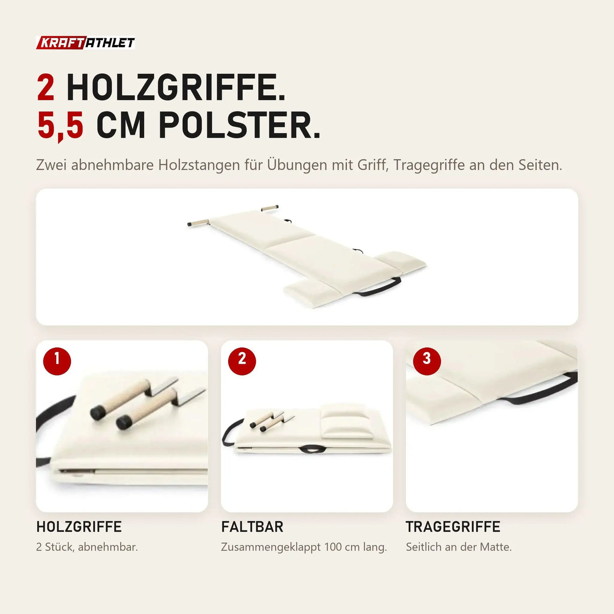 Elina Pilates Faltmatte in Elfenbein mit Details zu Holzgriffen, Faltung und Tragegriffen