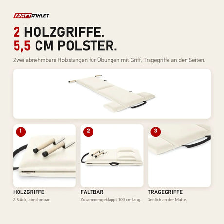 Elina Pilates Faltmatte in Elfenbein mit Details zu Holzgriffen, Faltung und Tragegriffen