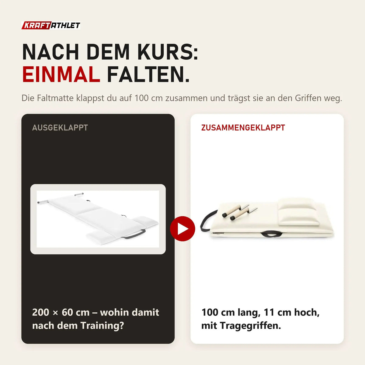 Vergleich: Elina Pilates Faltmatte ausgeklappt mit 200 × 60 cm und zusammengeklappt mit 100 cm Länge