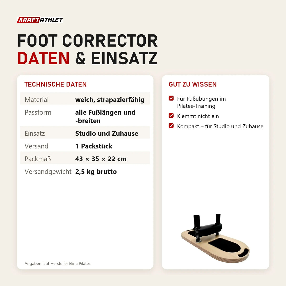 Eckdaten und Versandmaße des Elina Pilates Foot Corrector als Tabelle