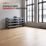 Vier gestapelte Elina Pilates HL3 Reformer aus Aluminium in der Ecke eines hellen Trainingsraums