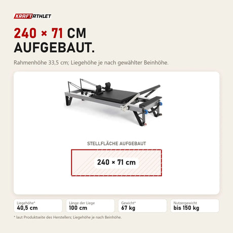Maßbild Elina Pilates HL3 Reformer: Stellfläche 240 × 71 cm, Rahmenhöhe 33,5 cm, bis 150 kg