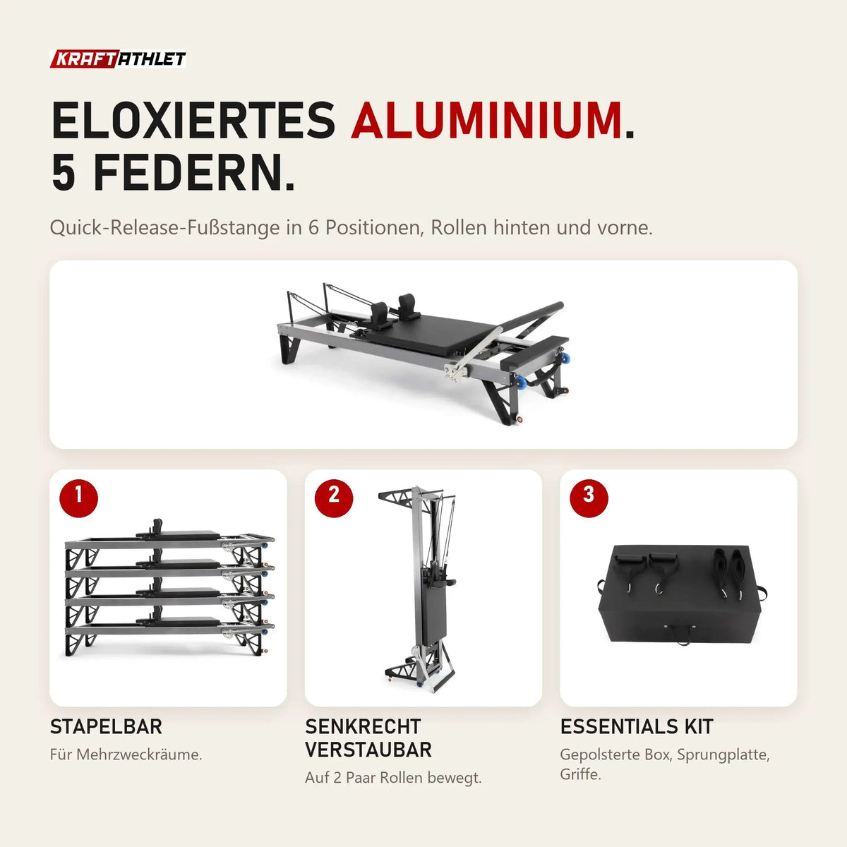 Elina Pilates HL3 Reformer aus eloxiertem Aluminium mit Details zu Stapeln, senkrechter Aufbewahrung und Box