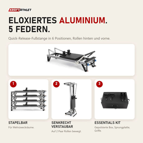 Elina Pilates HL3 Reformer aus eloxiertem Aluminium mit Details zu Stapeln, senkrechter Aufbewahrung und Box