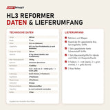 Technische Daten und Lieferumfang des Elina Pilates HL3 Reformers als Tabelle