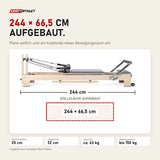 Maßbild Elina Pilates Lignum Reformer: 244 cm lang, Stellfläche 244 × 66,5 cm, Liegehöhe 32 cm